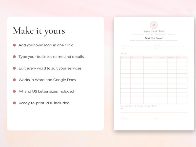 Editable patch test record template for lash and brow artists, Word and Google Docs