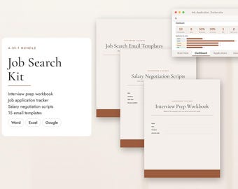 Job Search Kit, Interview Prep Workbook, Job Application Tracker, Salary Negotiation Scripts
