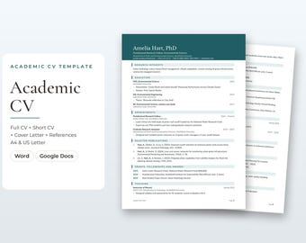 Vorlage für einen akademischen Lebenslauf für Postdoc- und Forschungsstellen, türkisfarbenes Header-Design, Word & Google Docs