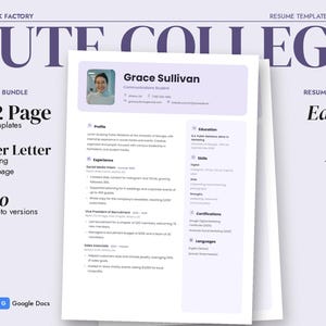 May include: A digital resume template bundle titled CUTE COLLEGE featuring a light purple header, a profile photo placeholder for Grace Sullivan, and sections for experience, education, skills, and certifications. Includes A4 and US Letter sizes.
