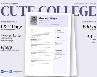 Op de afbeelding: Een digitaal cv-sjabloon genaamd CUTE COLLEGE met een lichtpaarse koptekst, een fotoplaatsaanduiding voor Grace Sullivan en secties voor ervaring, opleiding, vaardigheden en certificeringen. Inclusief A4- en US Letter-formaten.