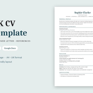 May include: A digital CV template for Word and Google Docs featuring a dark blue header with the text UK CV Template, CV, Cover Letter, References, and ATS-friendly layout. The right side displays a sample resume for Sophie Clarke.