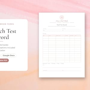 Registro de prueba de parche, formulario de prueba de parche para pestañas, registro de prueba de parche para alergias, formularios para técnicos de pestañas, prueba de parche para cejas y tinte, documentos editables en Word y Google Docs