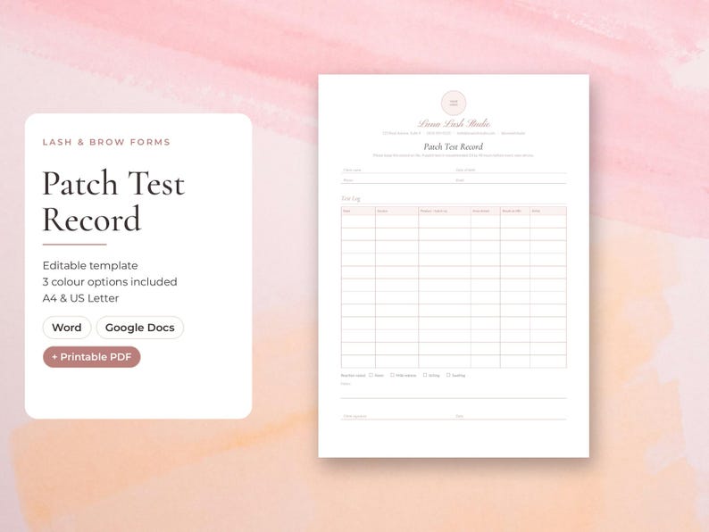Editable patch test record template for lash and brow artists, Word and Google Docs
