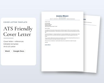 May include: An editable ATS friendly cover letter template for Word and Google Docs. The document features a clean layout with the text Cover Letter Template, ATS Friendly Cover Letter, and includes A4 and US Letter size options.