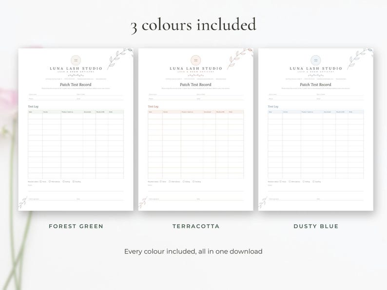 Editable patch test record template for lash and brow artists, Word and Google Docs