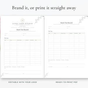 Editable patch test record template for lash and brow artists, Word and Google Docs