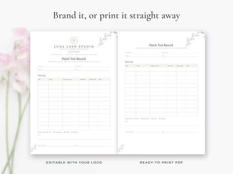 Editable patch test record template for lash and brow artists, Word and Google Docs