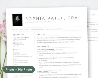 May include: A professional CV template for a Senior Accountant named Sophia Patel, CPA. The document features a black and white headshot, contact information, education, skills, and work experience sections with clear headings and text.