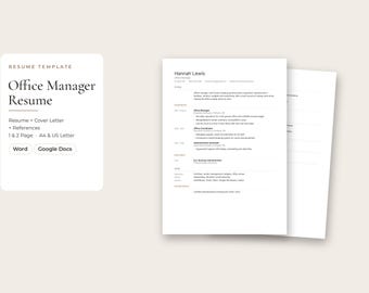 Office Manager Resume Template, Office Administrator CV with Cover Letter, Word & Google Docs