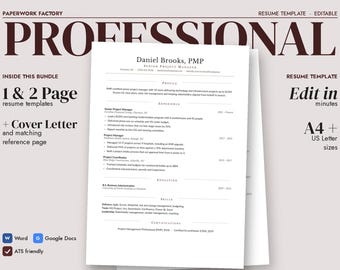 Professional Resume Template, Classic Traditional CV with Cover Letter, Word & Google Docs