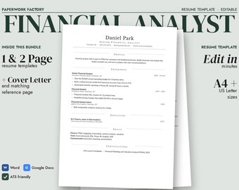 Plantilla de currículum para analista financiero, CV de finanzas con carta de presentación, Word clásico y Google Docs