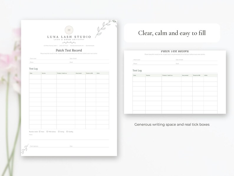 Editable patch test record template for lash and brow artists, Word and Google Docs