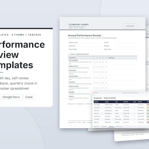 Pode incluir: Um conjunto de modelos de avaliação de desempenho de RH, incluindo cinco formulários e um rastreador. Os documentos apresentam texto preto em papel branco, com títulos como Annual Performance Review e Core Competencies e uma planilha digital.