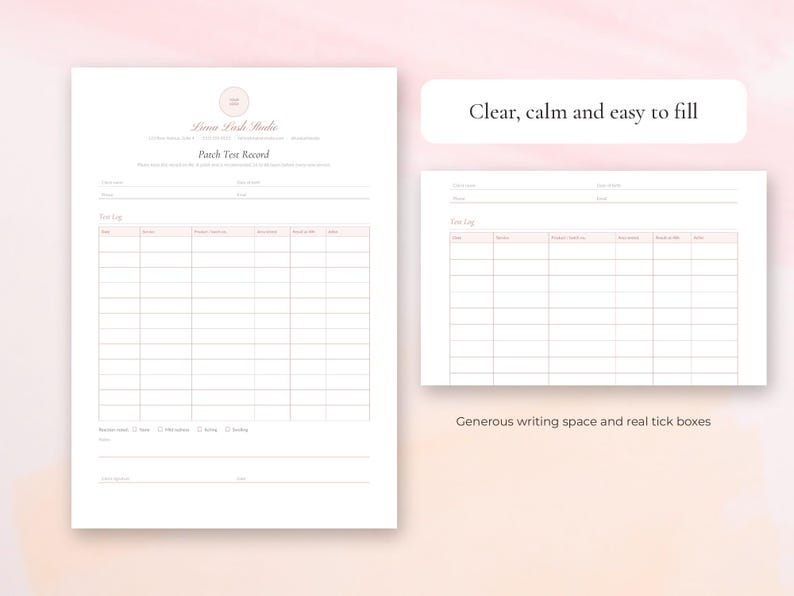 Editable patch test record template for lash and brow artists, Word and Google Docs