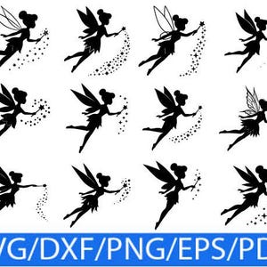 May include: A collection of twelve black silhouettes of fairies in various flying poses, each holding a wand with a trail of stars. The bottom of the image features the text SVG/DXF/PNG/EPS/PDF in white letters on a blue background.