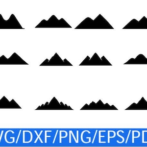 May include: A collection of twelve distinct black mountain silhouettes arranged in a grid. Each icon features a unique peak formation, ranging from simple double-humped shapes to complex, jagged, multi-pointed mountain ranges on a white background.
