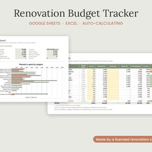 Può includere: Un foglio di calcolo digitale per il monitoraggio del budget di ristrutturazione per Google Sheets ed Excel. L'interfaccia mostra una dashboard con un grafico a barre che confronta i costi pianificati e quelli effettivi, oltre a una tabella.