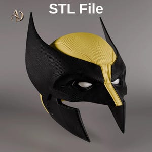 Pode incluir: Um modelo 3D digital de um capacete com um design texturizado em preto e amarelo, com orelhas altas e pontiagudas e aberturas brancas para os olhos. O texto STL File é exibido no topo e um pequeno logótipo é visível no canto superior esquerdo.