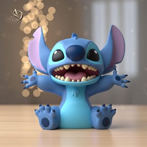 May include: A blue alien figurine with large ears, a wide open mouth showing teeth, and a light blue chest patch. The character has dark blue nose, claws, and paw pads, with a smooth matte finish and a pose with arms outstretched.