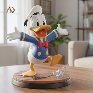 May include: A Donald Duck figurine standing on a circular wooden base with a black rim. The character wears a blue sailor shirt with yellow trim, a red bow tie, and a white sailor hat. One foot is raised, and a small clear glass-like object sits nearby.