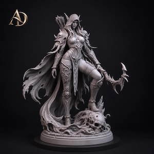 May include: A gray resin figurine of a hooded warrior standing on a large skull base. The figure wears ornate armor with skull motifs, a tattered cape, and carries a curved blade. A quiver of arrows is visible on the back, and the letters AD appear.
