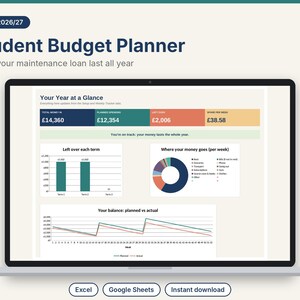 May include: A digital student budget planner displayed on a laptop screen, featuring the text UK 2026/27 Student Budget Planner. The interface includes a Your Year at a Glance dashboard with bar charts, a pie chart, and a line graph tracking planned versus actual spending.