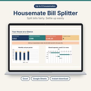 Puede incluir: Una pantalla de portátil que muestra un panel de control Housemate Bill Splitter con gráficos y datos financieros. La interfaz incluye secciones para costes mensuales, gastos compartidos y resúmenes de pagos. Debajo hay botones para Excel, Google Sheets y descarga instantánea.