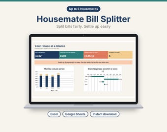 Housemate Bill Splitter Spreadsheet, Shared Expenses Tracker, Excel & Google Sheets (Digital Download)
