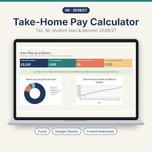 May include: A digital Take-Home Pay Calculator for the UK 2026/27 tax year displayed on a laptop screen. The interface features a dashboard with monthly financial summaries, a donut chart showing pay distribution, and a line graph for salary comparisons.