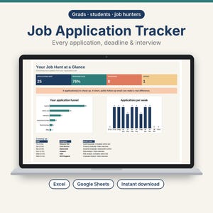 May include: A digital job application tracker displayed on a laptop screen, featuring a dashboard with metrics, an application funnel chart, a weekly application bar graph, and a list of upcoming tasks for grads, students, and job hunters.