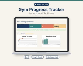 Gym Workout Tracker Spreadsheet, 1RM & PB Progress Charts (Excel, Google Sheets)
