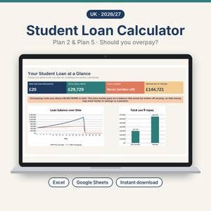 May include: A laptop screen displaying a UK 2026/27 Student Loan Calculator for Plan 2 and Plan 5. The interface shows a dashboard titled Your Student Loan at a Glance with data tables, a line graph of loan balance over time, and a bar chart.