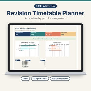 Pode incluir: Um planejador de revisão digital exibido na tela de um laptop. A interface apresenta um painel intitulado Your Revision at a Glance com barras de progresso, gráficos de barras para horas de revisão e tópicos cobertos e uma lista.