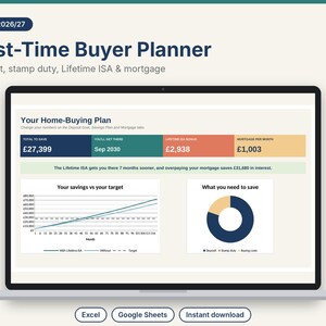 May include: A digital First-Time Buyer Planner displayed on a laptop screen, featuring sections for deposit, stamp duty, Lifetime ISA, and mortgage calculations. The interface includes a savings versus target line graph and a circular savings chart.