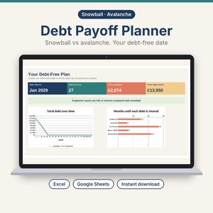 May include: A digital debt payoff planner displayed on a laptop screen, featuring a dashboard with debt-free date, months to go, total interest, and total debt paid. Includes a line graph for debt over time and a bar chart for months until debt is cleared.