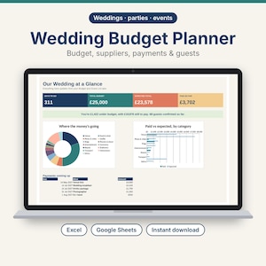 May include: A digital wedding budget planner displayed on a laptop screen, featuring sections for budget, suppliers, payments, and guests. The interface includes a pie chart, bar graph, and financial summaries with text labels like Wedding Budget Planner.