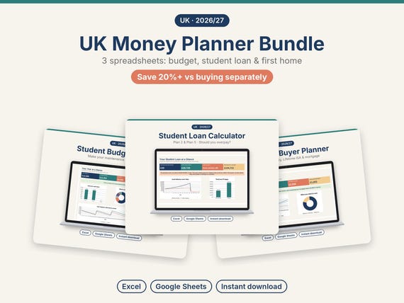 UK Money Planner Bundle: Student Budget, Loan Calculator, First-Time Buyer (Excel/Google Sheets)