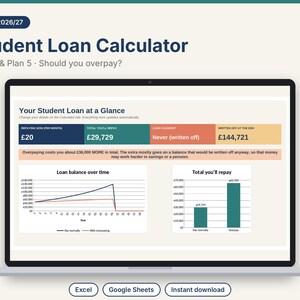 May include: A laptop screen displaying a UK 2026/27 Student Loan Calculator interface. The dashboard features a summary table with repayment figures, a line graph showing loan balance over time, and a bar chart comparing total repayment amounts.