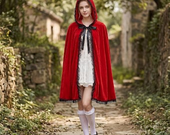 Roter Kapuzenumhang aus Samt, Prinzessinnen-Langmantel, Halloween-Cosplay-Party-Outfit, Weihnachtskostüm, Rollenspiel-Foto-Requisiten für Damen