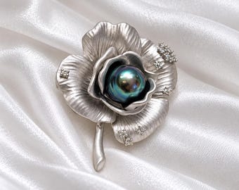 Silverblombrosch, vintagepärlnål, elegant bröllopsaccessoar, bröllopsfestpresent till mamma, brud eller brudtärna