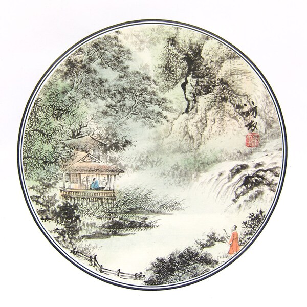 Vintage art print, Summer, River, Buddhist Temple, Mountain, Tree Vintage Art Print, Antique Original Japanese  Art  Painting