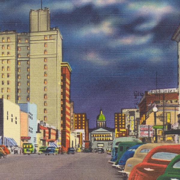 COLUMBIA, SOUTH CAROLINA, Night Time Scene of Main Street, Vintage Linen Postcard, Unused, c. 1940s, Asheville