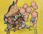 KEWPIES, KEWPIEVILLE, Vintage POSTCARD, Illustrated, Comic, Toys, Children, Babies, Cleaning, Unused, c. 1970s, Rose o'neill, k1 - 32