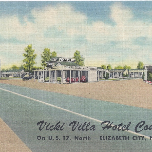 BIG SALE - SALE Vicki Villa Hotel Court, Elizabeth City, North Carolina, Vintage Linen Postcard, Unused, 1930s or 1940s