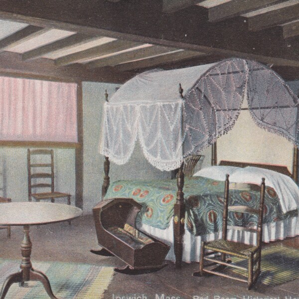 IPSWICH, MASS., Bed Room, Historical House, Vintage Unused Postcard, 1910s, Hugh c. Leighton Co.