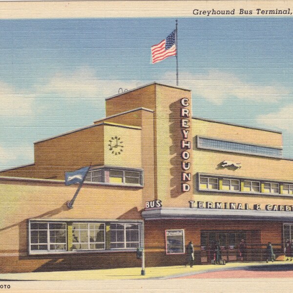 SALE, Big Sale, GREYHOUND BUS Terminal, Akron, Ohio, Stivas Studio Photo, Used Vintage Linen Postcard, 1950s