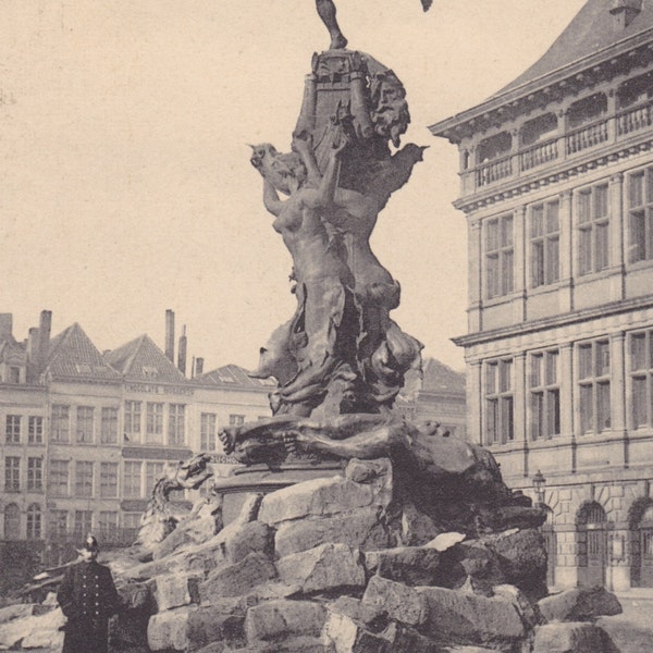 BELGIUM - ANTWERP, ANVERS, Brabo Fountain, Police, Vintage Postcard, Black & White, 1900s, g. Hermans