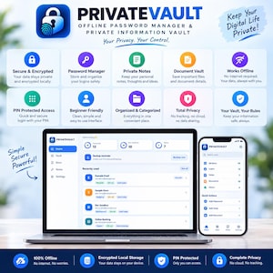 Offline Password Manager & Private Information Vault | Password Generator |  Encrypted Backup | Docs Finder | Document Organizer