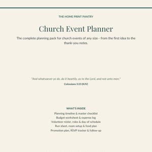 May include: A digital Church Event Planner document featuring the title, a description of the planning pack, the Bible verse Colossians 3:23, and a list of contents including a budget worksheet, volunteer roster, and RSVP tracker.